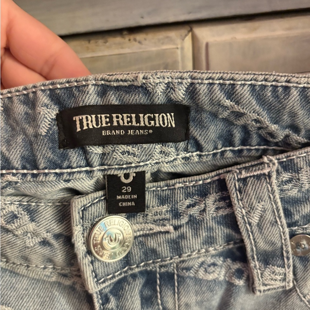 True Religion Monogram High Rise Denim Mini Skirt Leaping Water Y2K - Picture 9 of 11